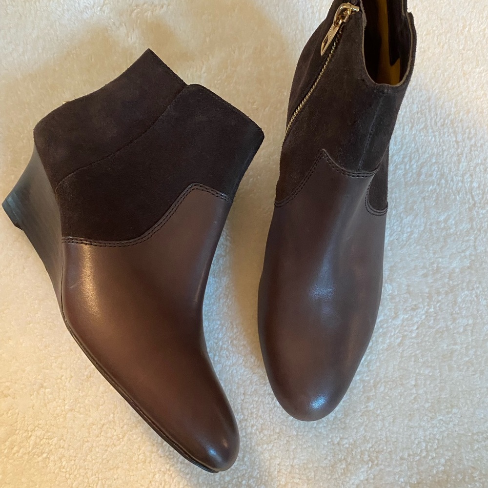 New! Coach Leather & Suede Wedge Ankle Boots - brown/sz 8
